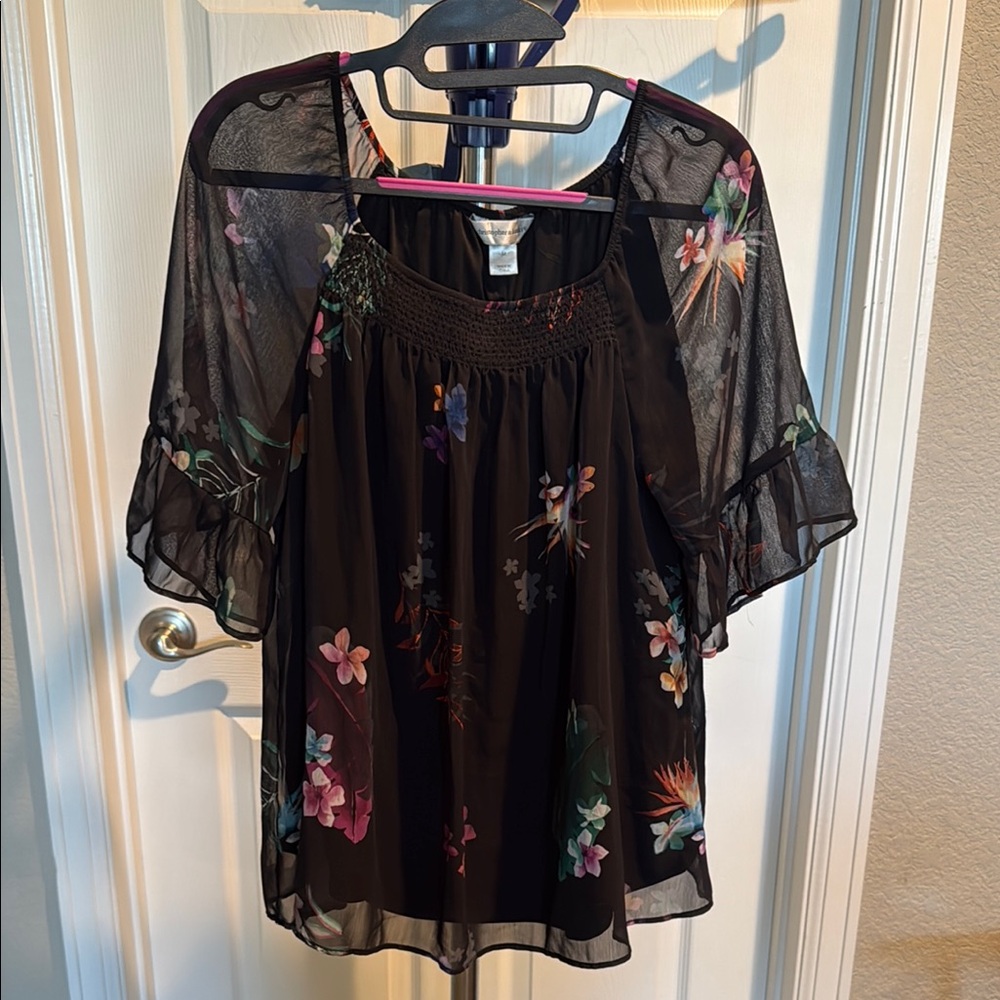 Christopher & Banks Ruffled Black and Pink Blouse with Bell Sleeves. Size Medium
